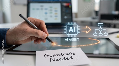 AI productivity gap - A human hand draws a boundary around an AI agent, symbolizing protection and the need for guardrails in technology.