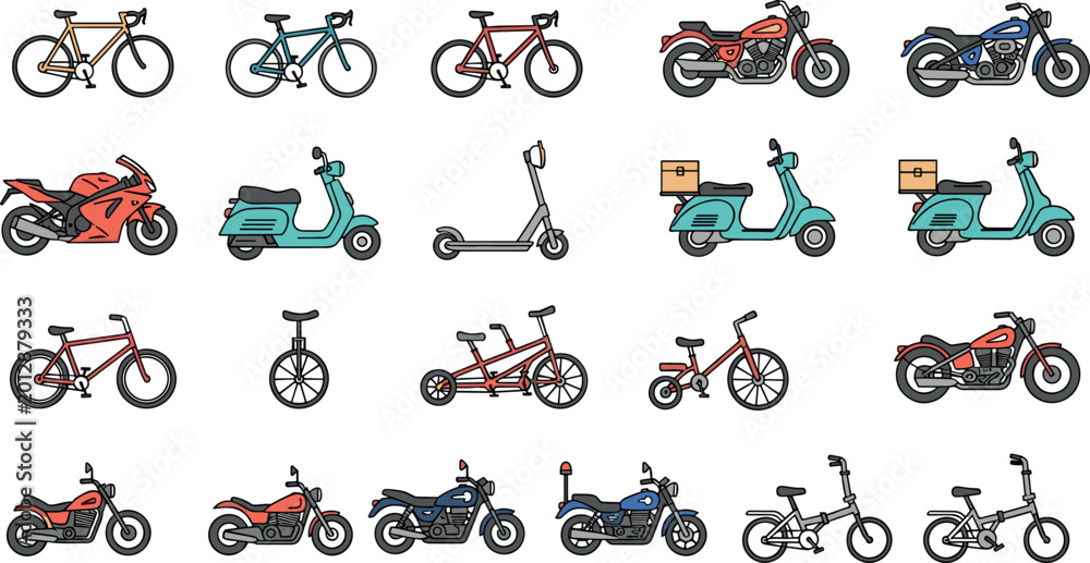 Fototapeta premium Bicycle And Motorcycle Icon Set With Scooter Delivery Bike Unicycle Tandem And Personal Transport Vector Illustration