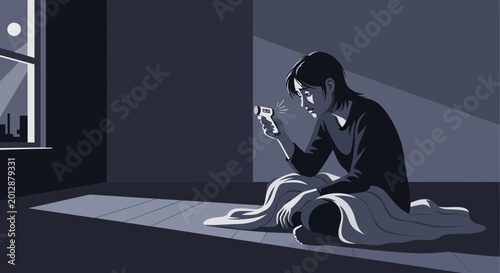 Woman Measures Fever in Dark Room at Night Depicting Sickness and Worry
