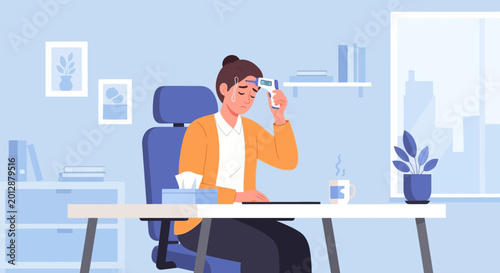 Woman Suffering From Illness Checks Temperature Feeling Overworked And Unwell