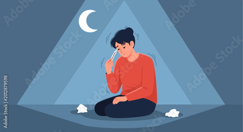 Woman Suffering From Illness Checks Temperature Under Moonlight Feeling Unwell