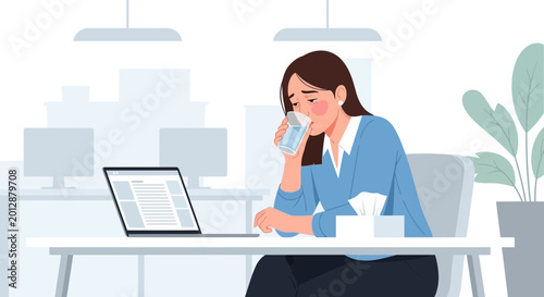 Woman Suffering From Illness Drinks Water While Working In Her Office Environment
