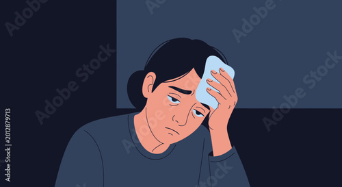 Woman Suffering From Illness Holds Compress Against Head Feeling Unwell Portrait