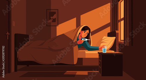 Woman Suffering From Illness In a Bedroom Feeling Unwell and Taking Temperature