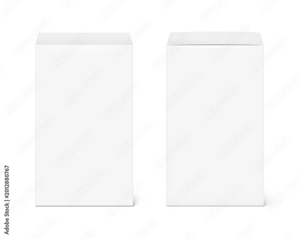 Fototapeta premium Realistic white closed paperboard box mockup. Front and back view. Vector illustration isolated on white background. Taking your 2D designs into 3D. Can be use for medicine, food, cosmetic. EPS10.