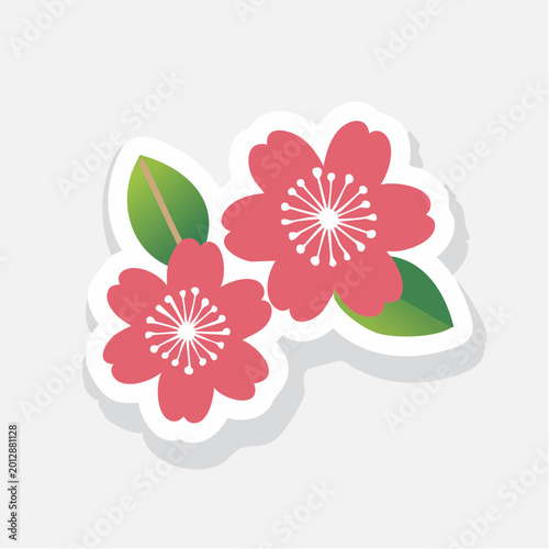 Two Pink Cherry Blossoms with Green Leaves Sticker