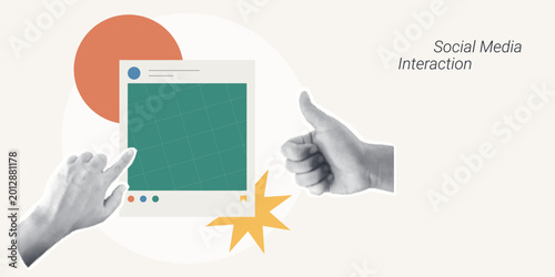 Trendy Halftone Collage of two halftone hands holding a social media post frame with a thumbs up and star burst, symbolizing social media interaction and approval, ideal for digital marketing content.