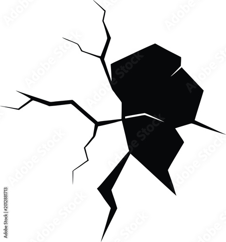 Black graphic representation of a crack with sharp edges and spreading lines.