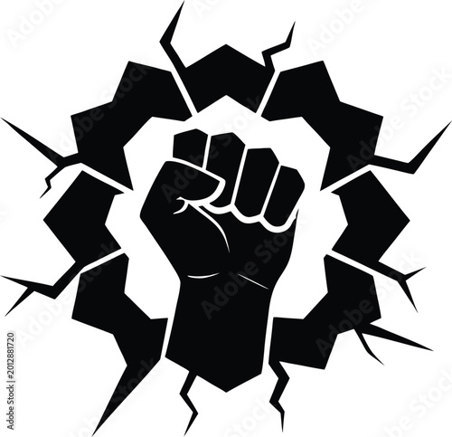 Black fist breaking through a cracked circle symbolizing struggle and revolution.
