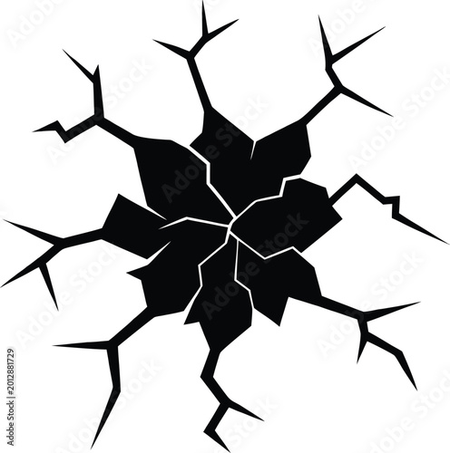 Black snowflake or starburst shape with sharp points and cracks on a transparent background.