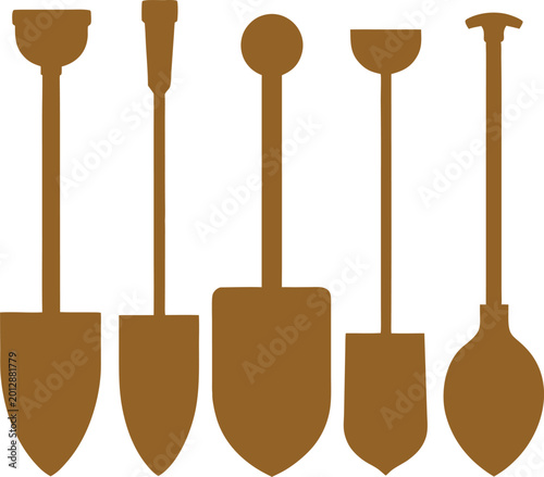 Collection of five brown shovel silhouettes for digging and gardening on a transparent background.
