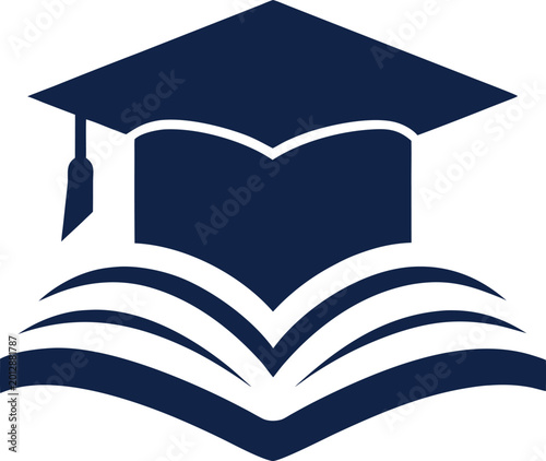 Dark blue graduation cap and gown icon on an open book representing education and knowledge.