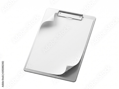 A blank clipboard with a sheet of paper on a white background