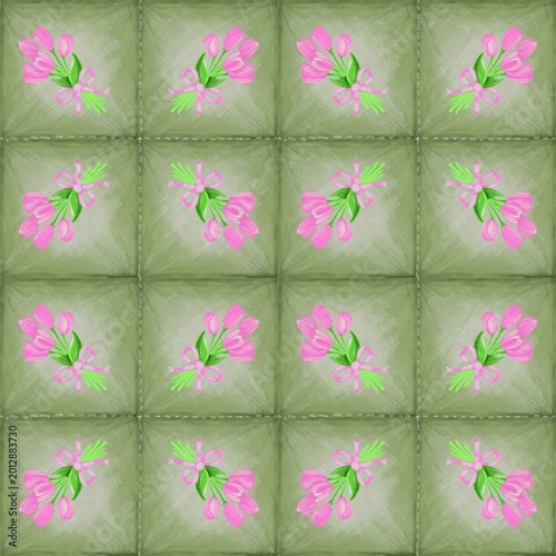 Obraz na płótnie Seamless tulip tile pattern with pink bouquets and green textured background, perfect for textiles, wallpapers, and gift wrap