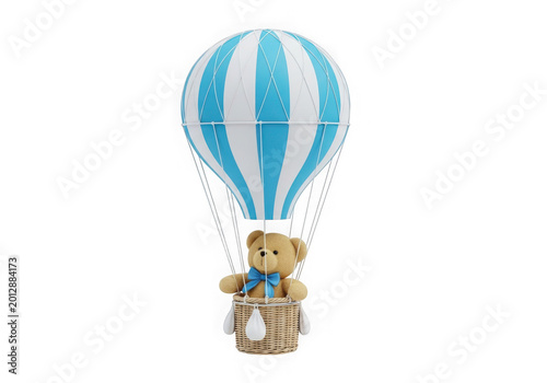 Cute teddy bear in a blue and white hot air balloon