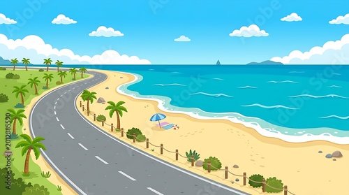 Beach road coastal tropical cartoon background