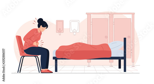 Woman Experiencing Stomach Pain While Another Sleeps in Hospital Bed Minimal Illustration