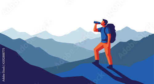 Hiker drinks water on mountain peak, vibrant illustration, layers of blue landscape