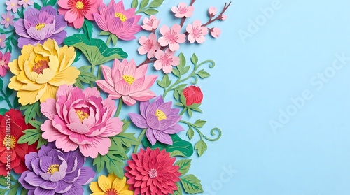 Vibrant Paper-Cut Flowers Pink Purple Yellow on Light Blue Background Left Cluster