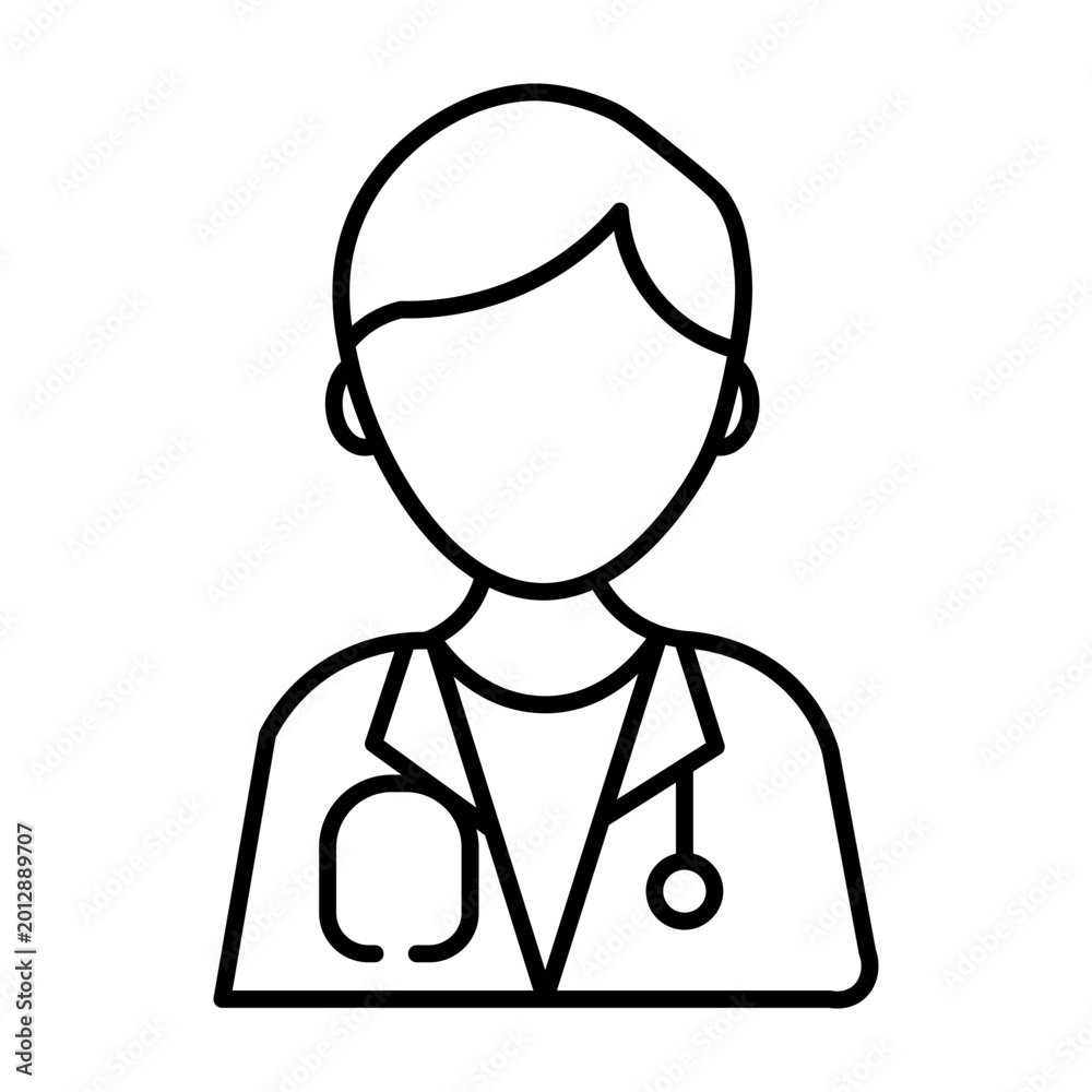 Fototapeta premium Minimalist line art illustration of a doctor wearing a stethoscope around neck isolated on transparent background simple design for medical health care concepts