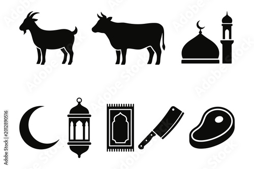 Black silhouette icons of muslim religion symbols and eid al adha offerings