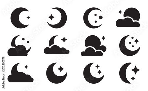 Canvas Print Night sky icons featuring moon shapes with stars and clouds for evening weather application