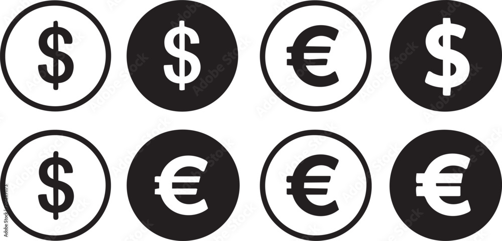 Obraz premium currency symbol icons set black and white dollar and euro signs in circular frames high quality professional detailed modern elegant stylish