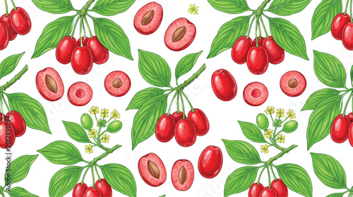 Seamless Pattern of Ripe Red Cherries with Leaves and Sliced Pieces for Fresh Fruit, Food, and Botanical Designs
