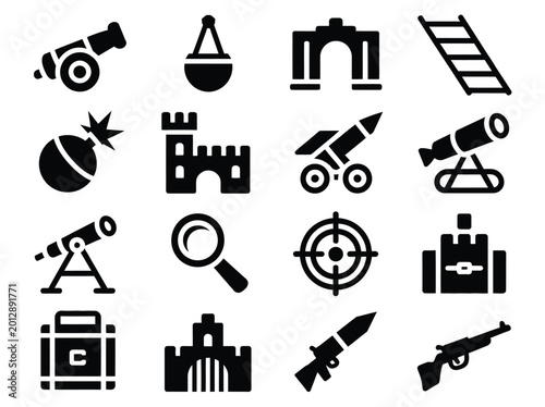 Quadro su tela Siege Warfare Monochrome Icons for Heavy Artillery Equipment, Castle Breaching a