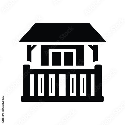 Minimalist glyph black and white illustration of a traditional two-story house with a porch and railing