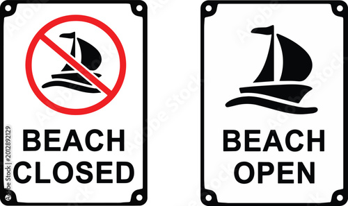 Foto Illustrazione vettoriale di cartelli di segnalazione per spiaggia aperta o chiusa, con indicazioni per bagnanti e barche