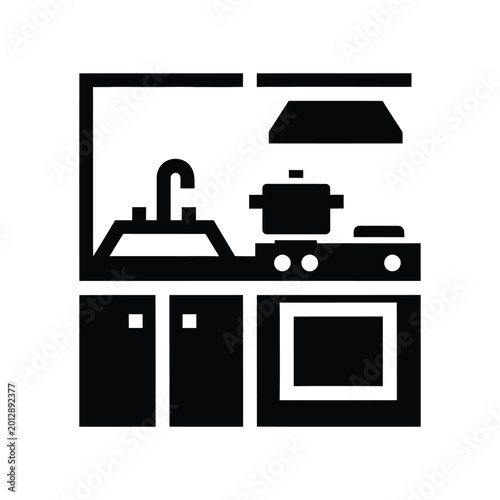 Foto Minimalist glyph black and white kitchen interior with stove, oven, sink, and ra