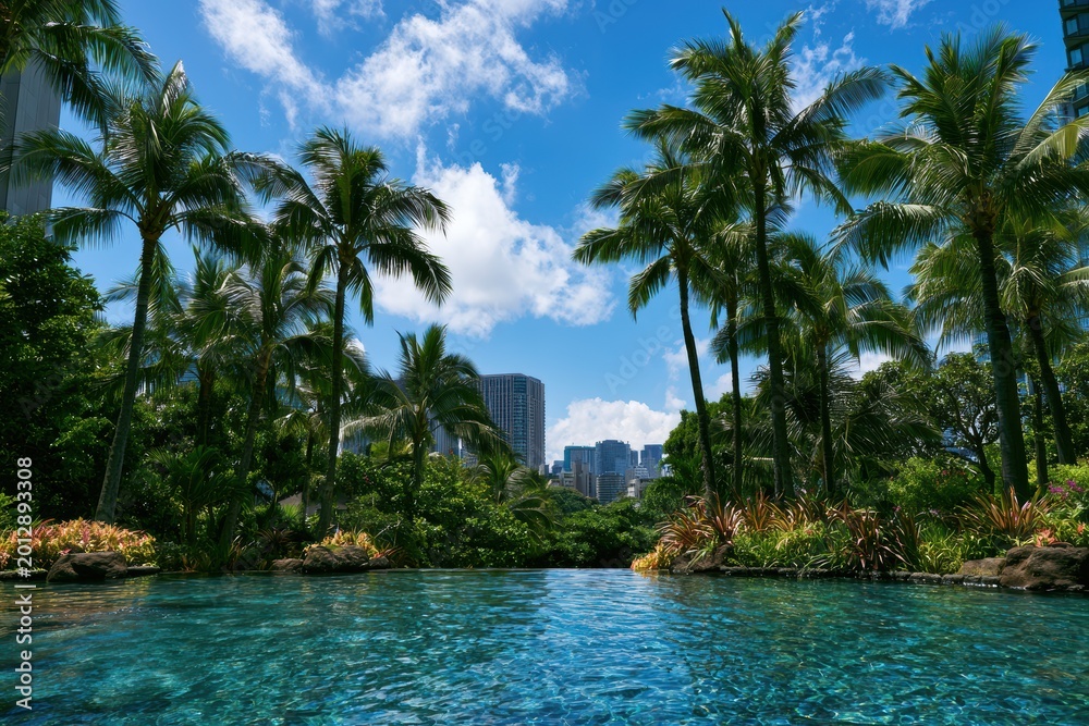 Obraz premium Tropical resort pool with palm trees, city skyline vista, vibrant blue sky