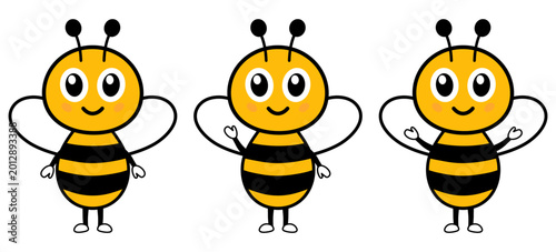 Cute bees characters standing with happy face. Cheerful insects mascots with raised hands set. Vector illustration isolated on white.