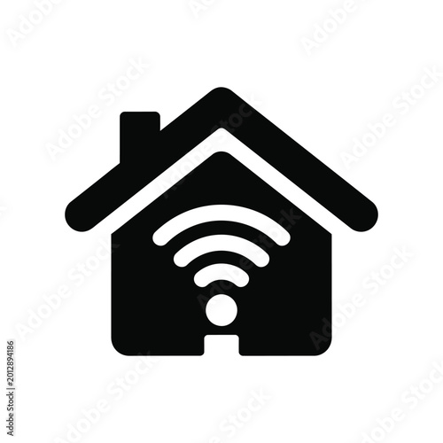 Minimalist glyph black and white icon of a house with wifi signal, symbolizing smart home technology