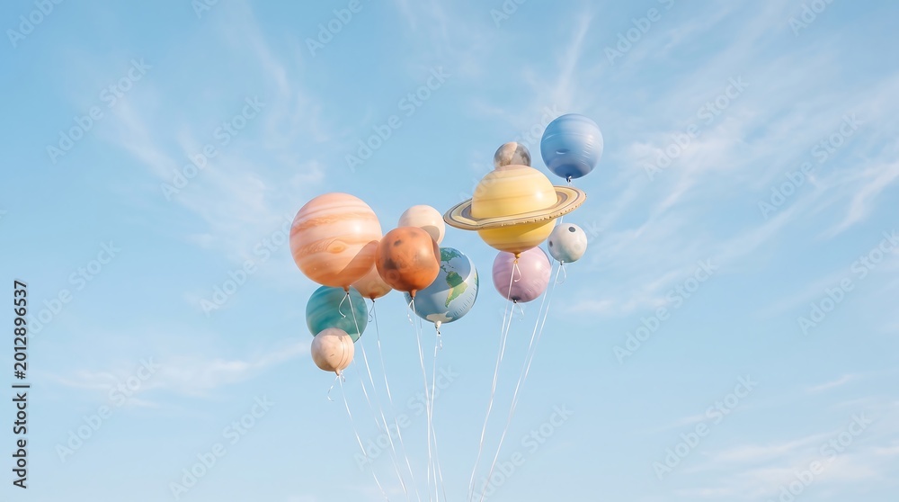 Fototapeta premium Miniature planets of the solar system floating in a bright blue sky.