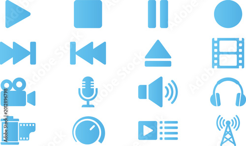 Fotografija Media player icons for audio and video control, playback, recording, and sound settings