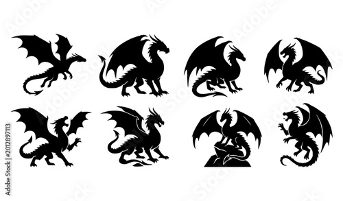 Fotografie Black dragon silhouette vector set with flying standing and crouching fantasy po