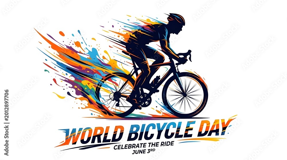 Fototapeta premium world bicycle day cyclist silhouette with vibrant speed motion effects on white background