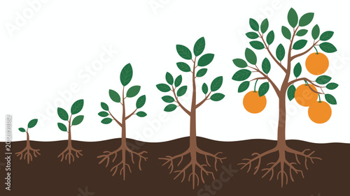 Obraz na płótnie Orange tree growth stages illustration from sprout to mature fruit bearing tree