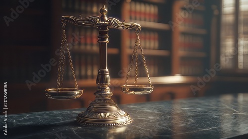 Golden scales of justice with a marble table with a backdrop of vintage law books in a dimly lit library, scales of justice, antique scales of justice, balance of justice
