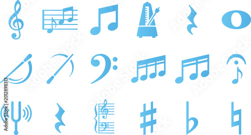 Cuadro en lienzo Set of blue musical notes and symbols on white background collection of music elements