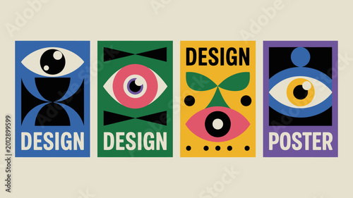 Cuadro en lienzo Four abstract design posters with eye and geometric shapes mid century modern st