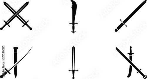 Tableau sur toile Collection of various sword silhouettes on white background  medieval weapons an
