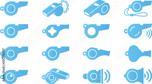 Tableau sur toile Collection of blue whistle icons for sports and signaling.