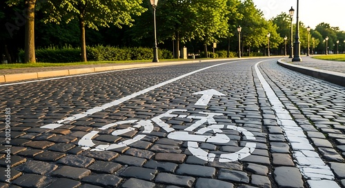 Bike lane with arrow on cobblestone road.