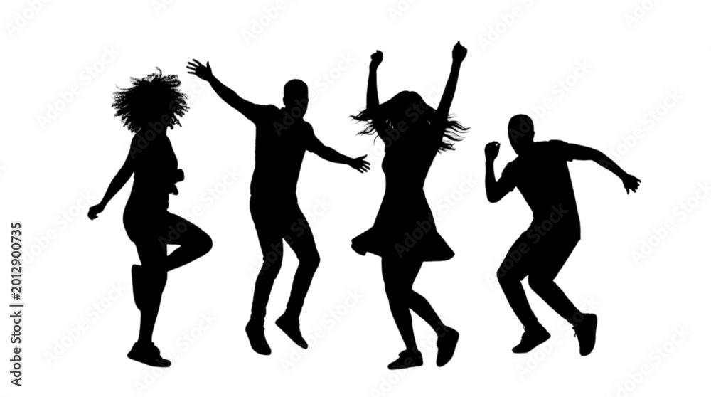 Fototapeta premium Four people dancing together joyfully isolated on transparent background, Vector