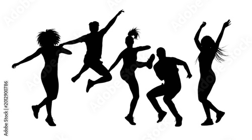 Fotografie Five people dancing joyfully in mid-air isolated on transparent background, Vect