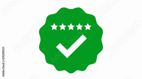 Green badge with five stars and checkmark, five star rating icon, excellent quality award, best service emblem, top performance sign.