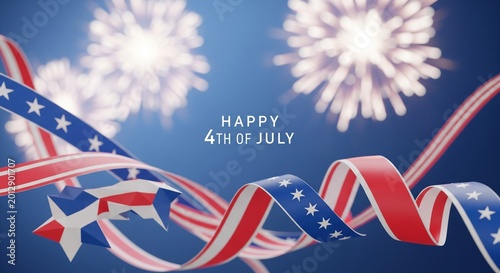 Abstract 3D rendering of patriotic red white and blue ribbons and stars with blurred fireworks and text Happy 4th of July on a deep blue background, festive celebration concept